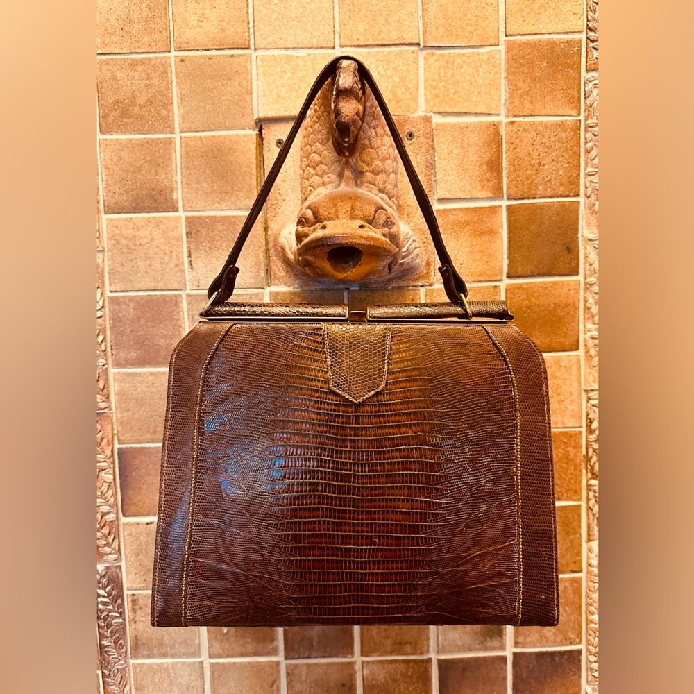 Vintage Genuine Lizard hand bag purse Brown 10"x8.5"x2.5"